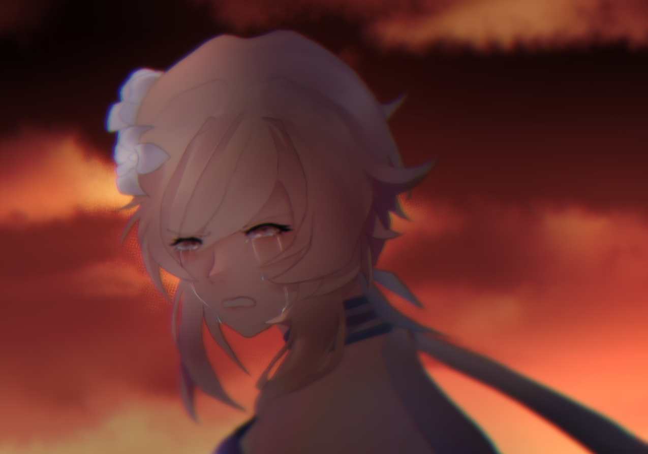Lumine looking angrily at the viewer, in front of a burning background