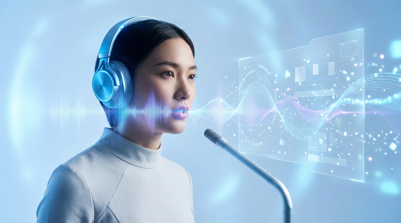 Person speaking into a microphone with sound waves, representing GPT-Live-1's natural voice capabilities.