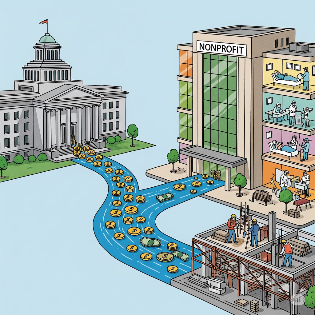 Illustration of government building and nonprofit grant funding path