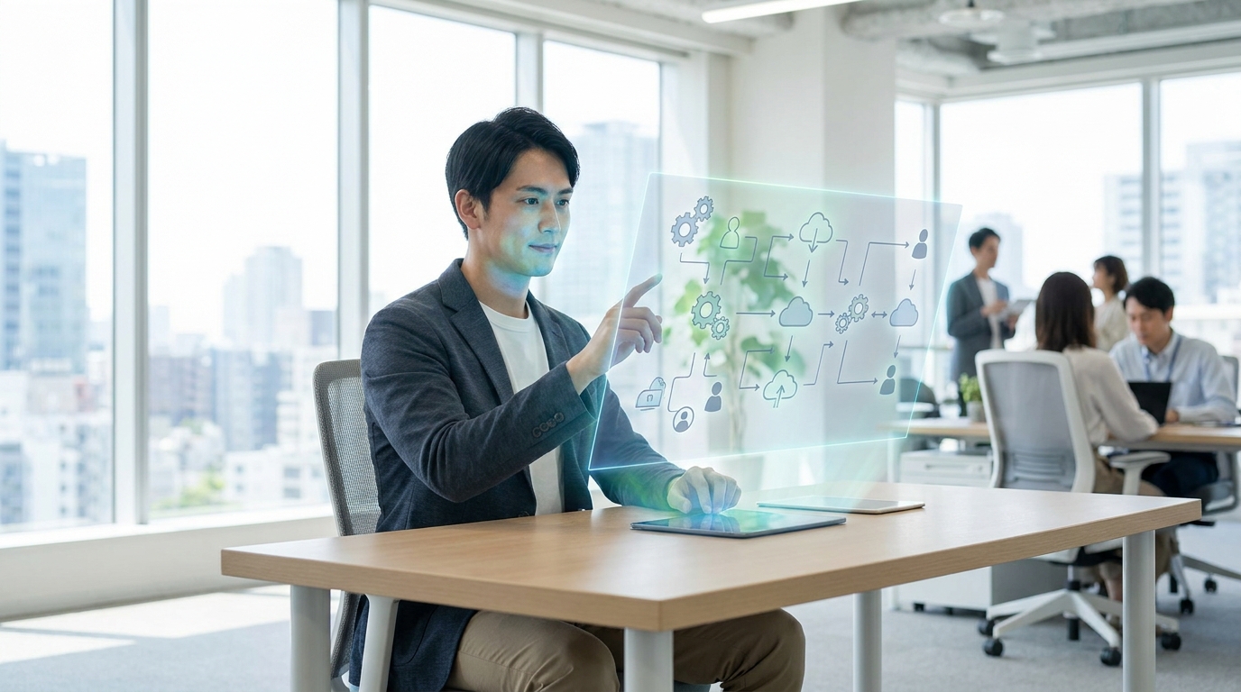 Person interacting with a holographic display showing a secure and scalable AI operation, illustrating the benefits of Microsoft Agent 365 for enterprise AI