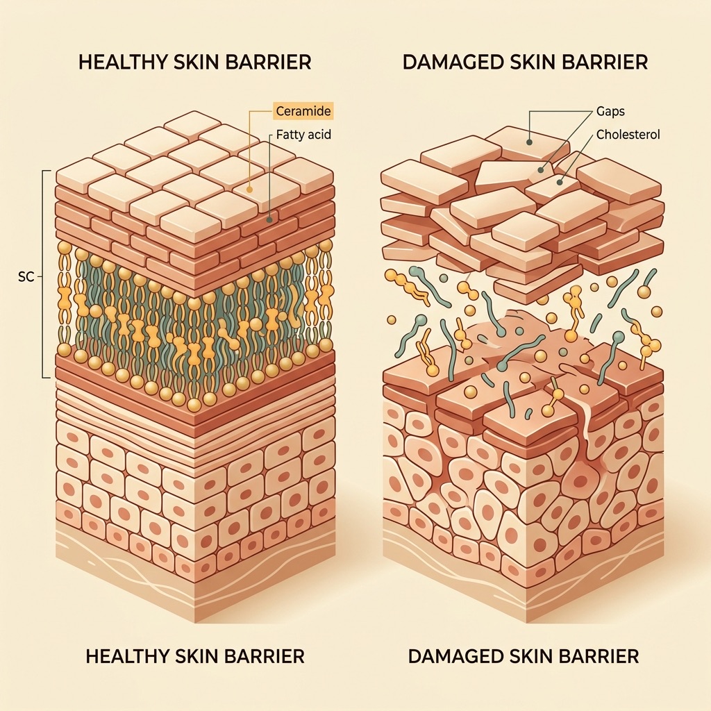 Clinical cross-section diagram comparing a healthy skin barrier versus a compromised skin barrier showing lipid gaps and increased trans-epidermal water loss TEWL pathways