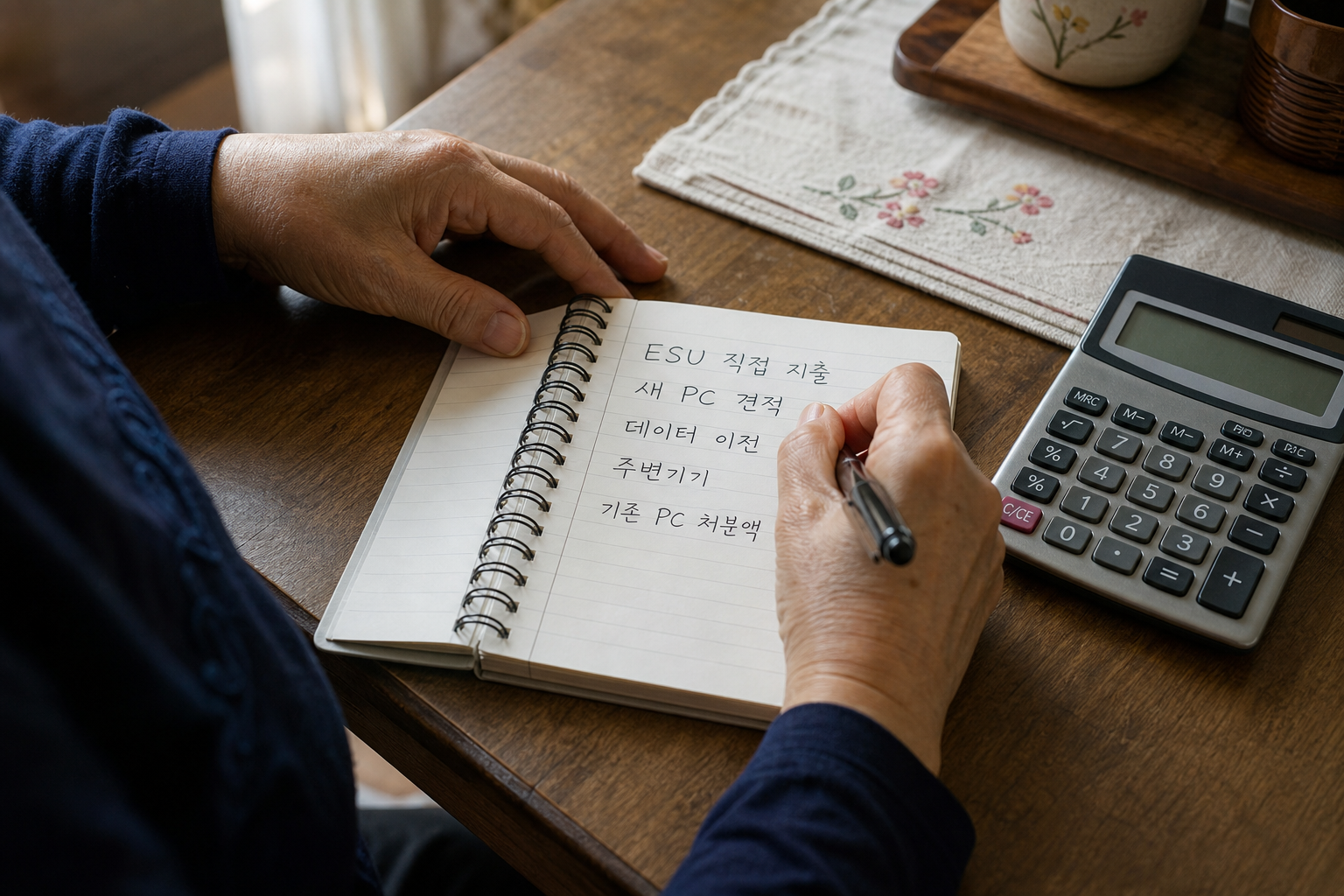 ESU 지출과 새 PC 구매·이전·주변기기 비용을 계산하는 장면