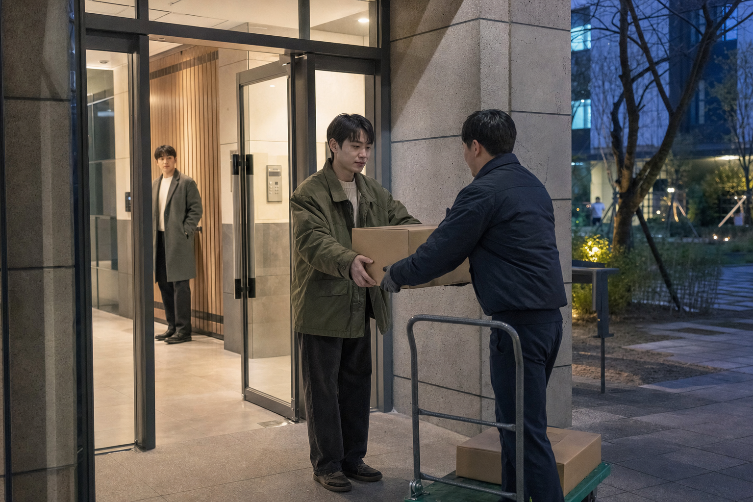 반품 택배를 기사에게 인계하고 회수 기록을 남기는 장면