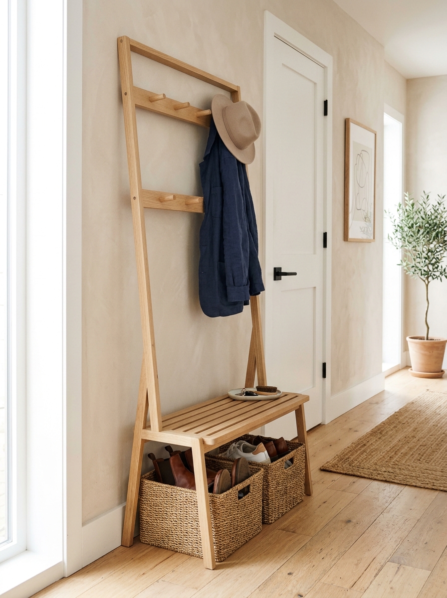 Narrow leaning hall tree with shoe bench for compact rental apartments
