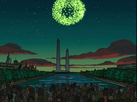 A scene from Futurama, showing fireworks above the Washington and Clinton Monuments spelling out "Charleston Chew"