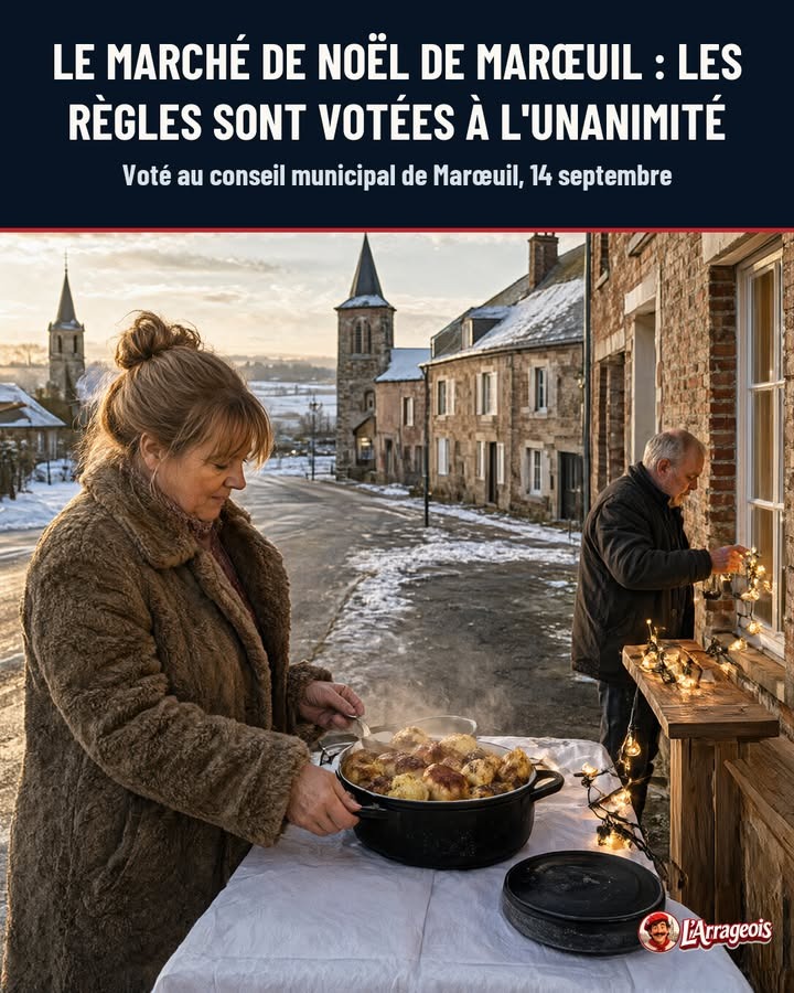 Une femme en manteau fourré prépare un plat fumant sur une table extérieure, tandis qu'un homme accroche des guirlandes lumineuses à une fenêtre, dans un village enneigé.