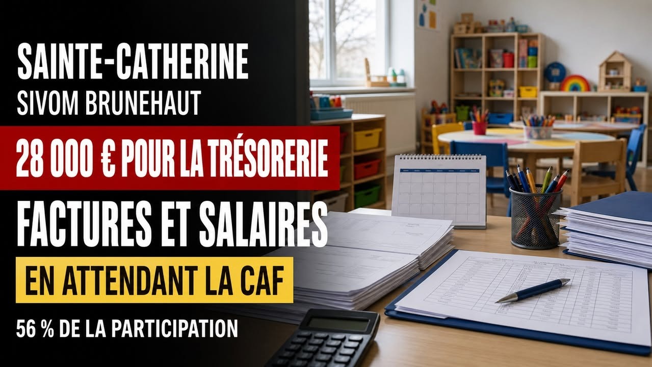 Bureau avec calculatrice, papiers, stylos et agenda, devant une salle de classe pour enfants.
