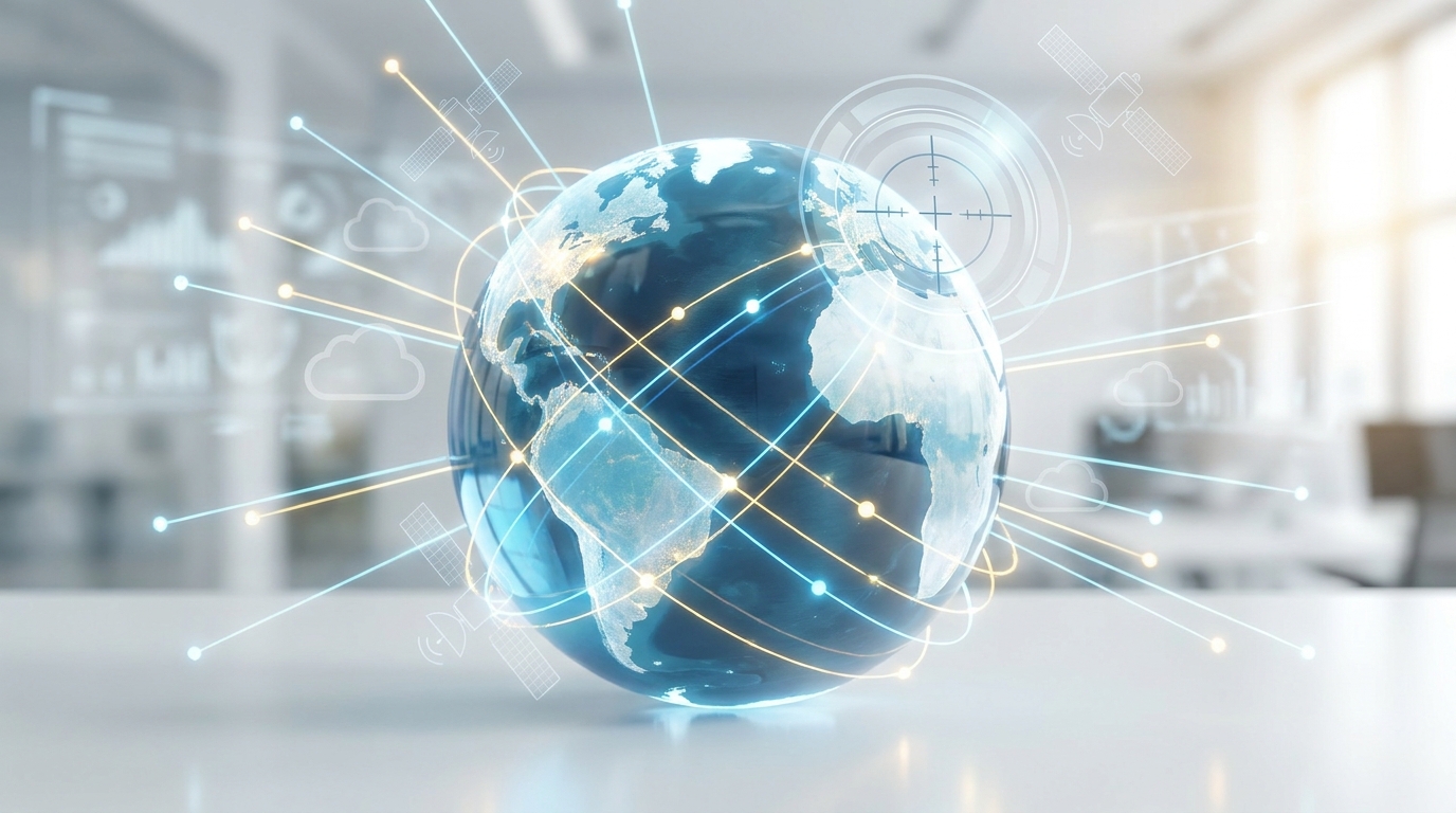 Stylized globe with data points, satellite, and cloud icons representing Google AI and economic data analysis.