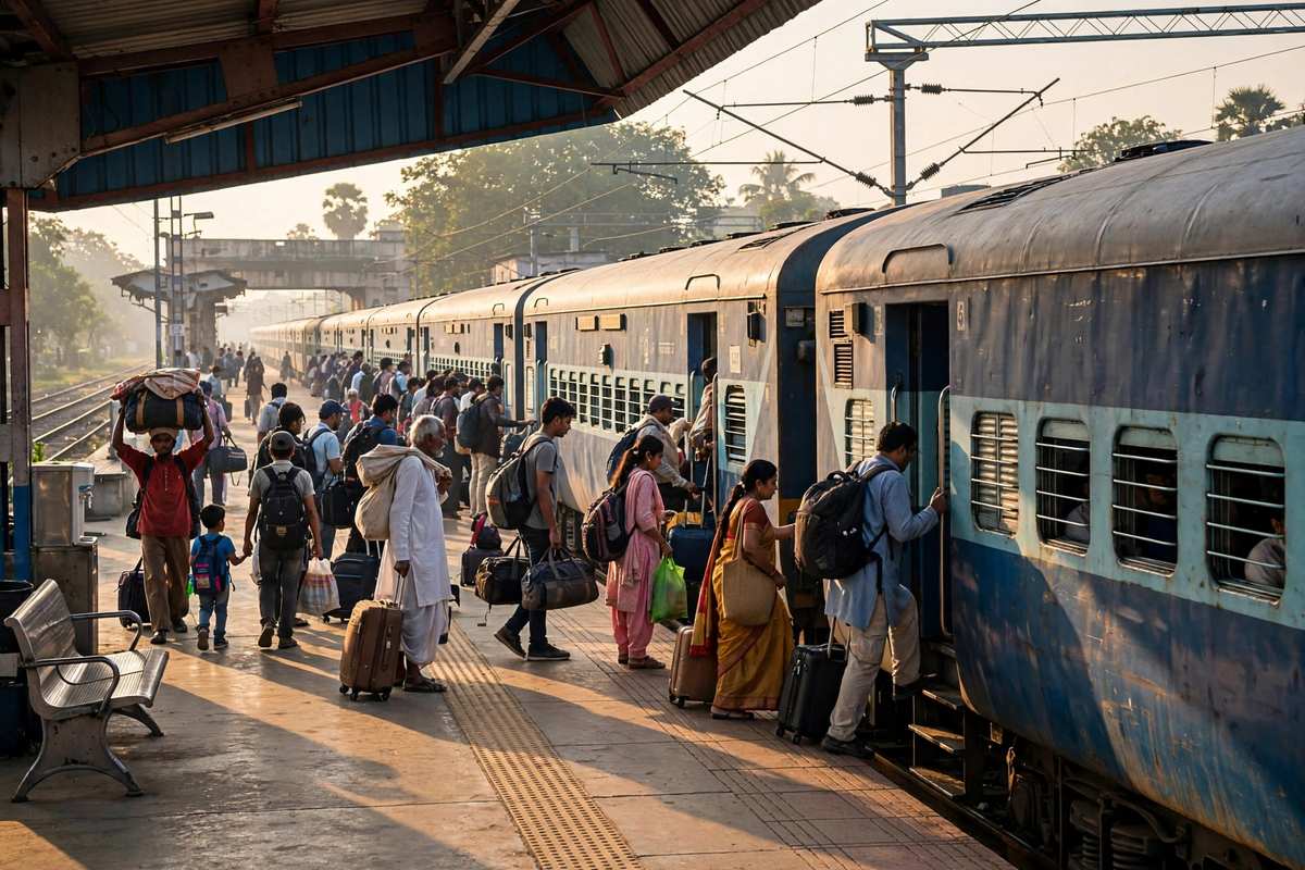 भारतीय रेलवे स्टेशन के प्लेटफॉर्म पर ट्रेन में चढ़ते यात्री