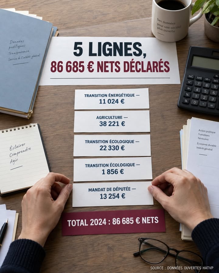Deux mains manipulent des cartes affichant des montants budgétaires sur un bureau, avec un total de 86 685 euros nets.