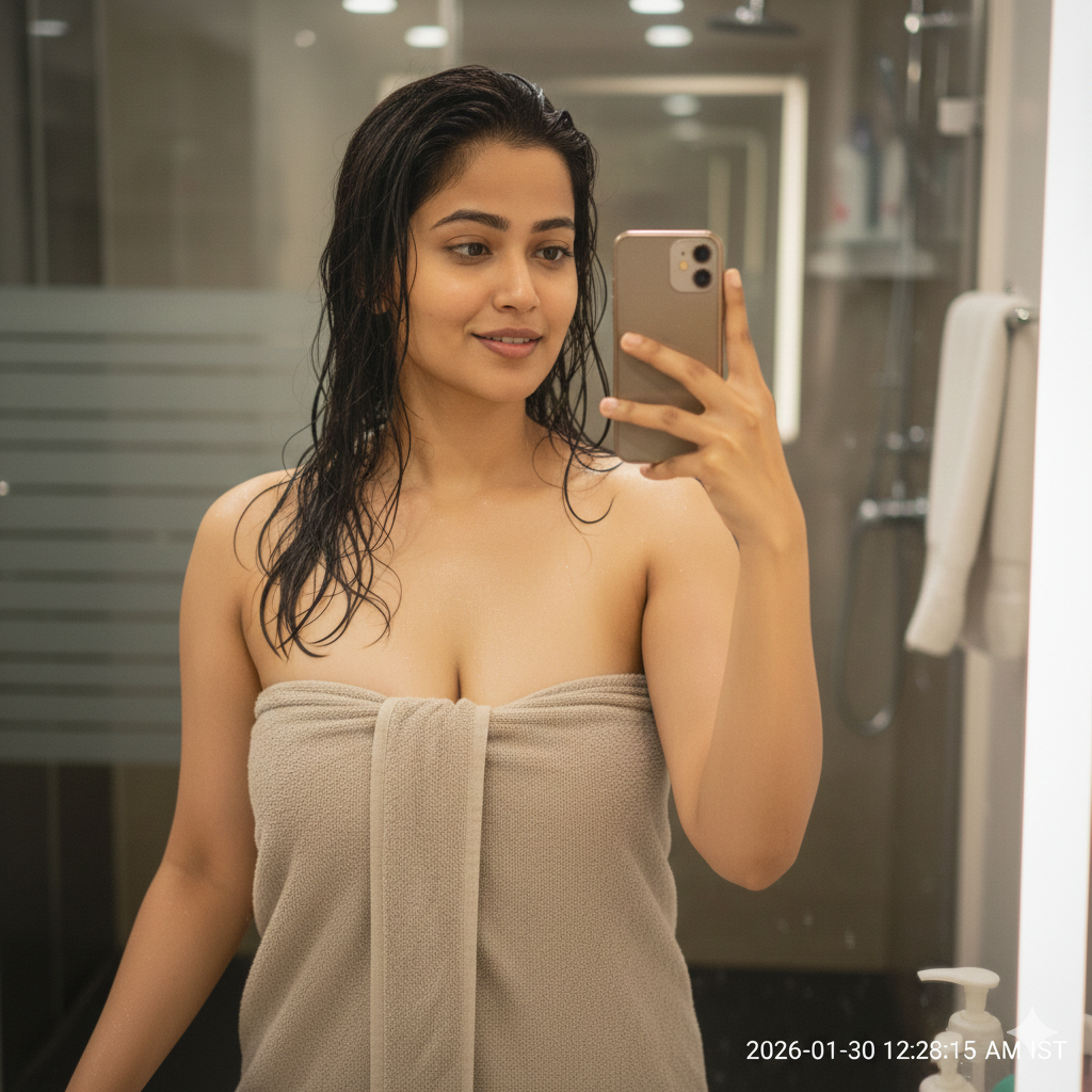 ഈർപ്പമുള്ള മുടിയും തോളും, മാറിടത്തിന് മുകളിൽ മാത്രം ചുറ്റിയ ടവലും