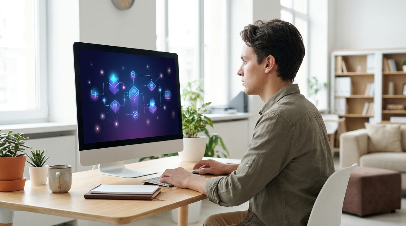 A person observing an AI agent workflow on a computer screen, demonstrating the ease of integrating Holo3.1 AI agents into daily tasks.