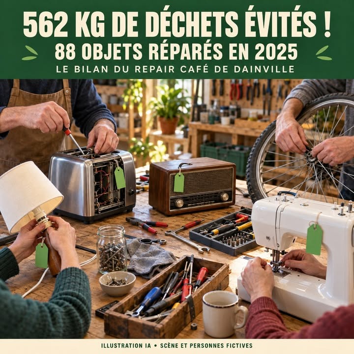 Plusieurs mains réparent un toaster, une radio, une lampe, une machine à coudre et une roue de vélo sur une table d'atelier.