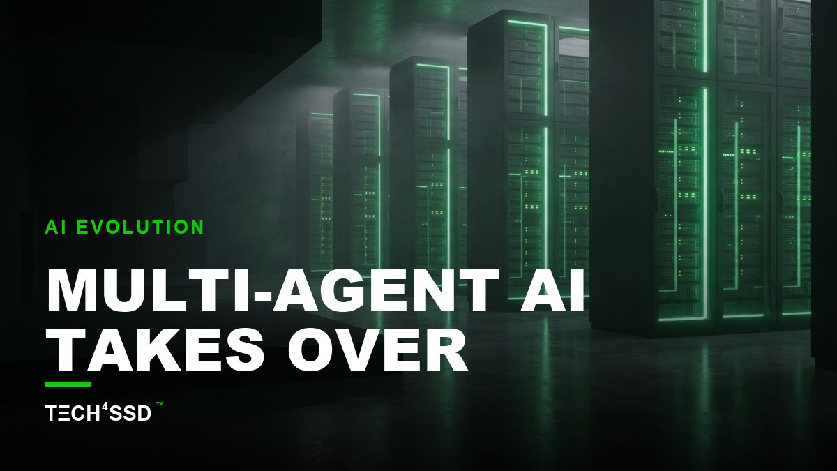 A futuristic network of interconnected AI agents collaborating on a complex task, representing the power of Multi-Agent AI Platforms.