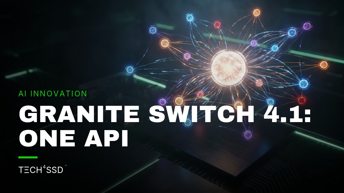 Stylized neural network with glowing nodes representing the IBM Granite Switch 4.1 API routing various AI tasks.