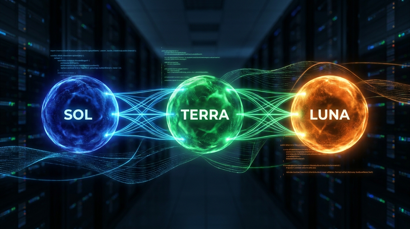 A visual representation of OpenAI's GPT-5.6 Sol, Terra, and Luna models as interconnected spheres, symbolizing their distinct roles and shared network.