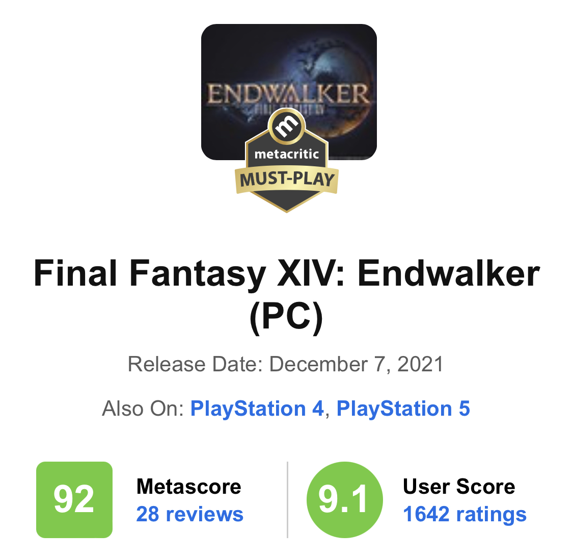 Metacritic - Final Fantasy XIV: Endwalker now has