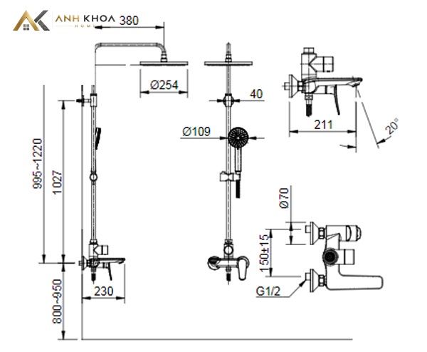 Bản vẽ kỹ thuật sen tắm cây Inax BFV-515S