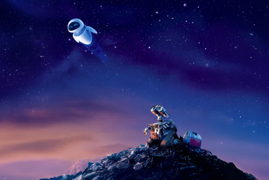 Promo art for WALL-E, showing EVE flying in the night sky while WALL-E watches from a trash pile