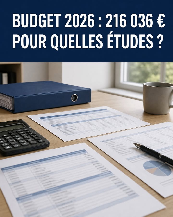 Bureau avec classeur bleu, calculatrice, papiers de tableaux et un graphique circulaire, stylo et tasse près d'une fenêtre.