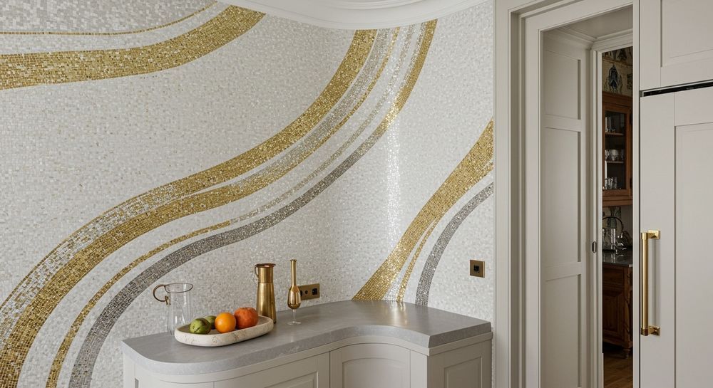 Luxury kitchen nook with fluid curvilinear mosaic art, featuring gold, white, and grey tesserae for elegant, seamless design.