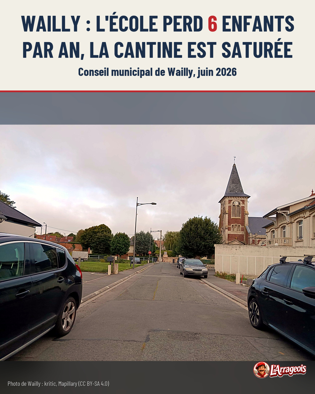 Rue résidentielle avec voitures garées, église à clocher en brique et maisons sous un ciel nuageux.