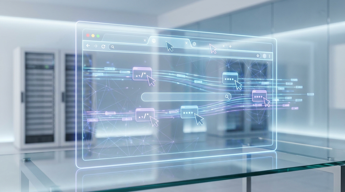 AI browser agents performing autonomous web actions like clicking and typing across multiple tabs, symbolizing efficient web interaction.