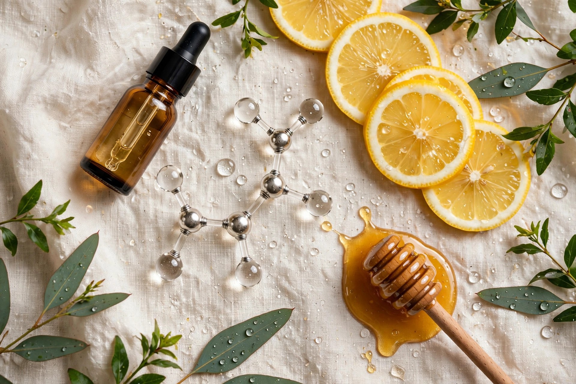 Synevra UltraLift ingredients flat lay with peptide model vitamin C and botanicals