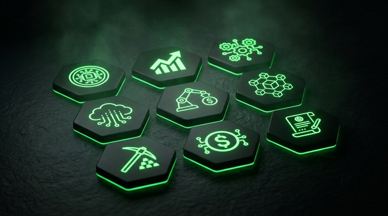 Nine glowing green method tiles in a grid representing AI money-making methods