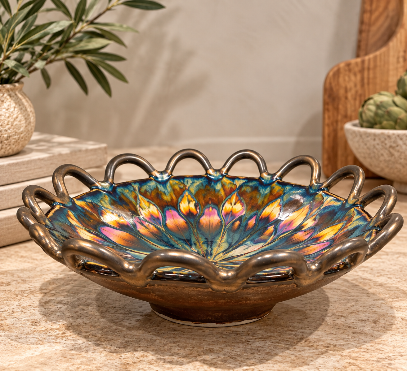 Hand-built platter with a hand-painted peacock feather and floral design.