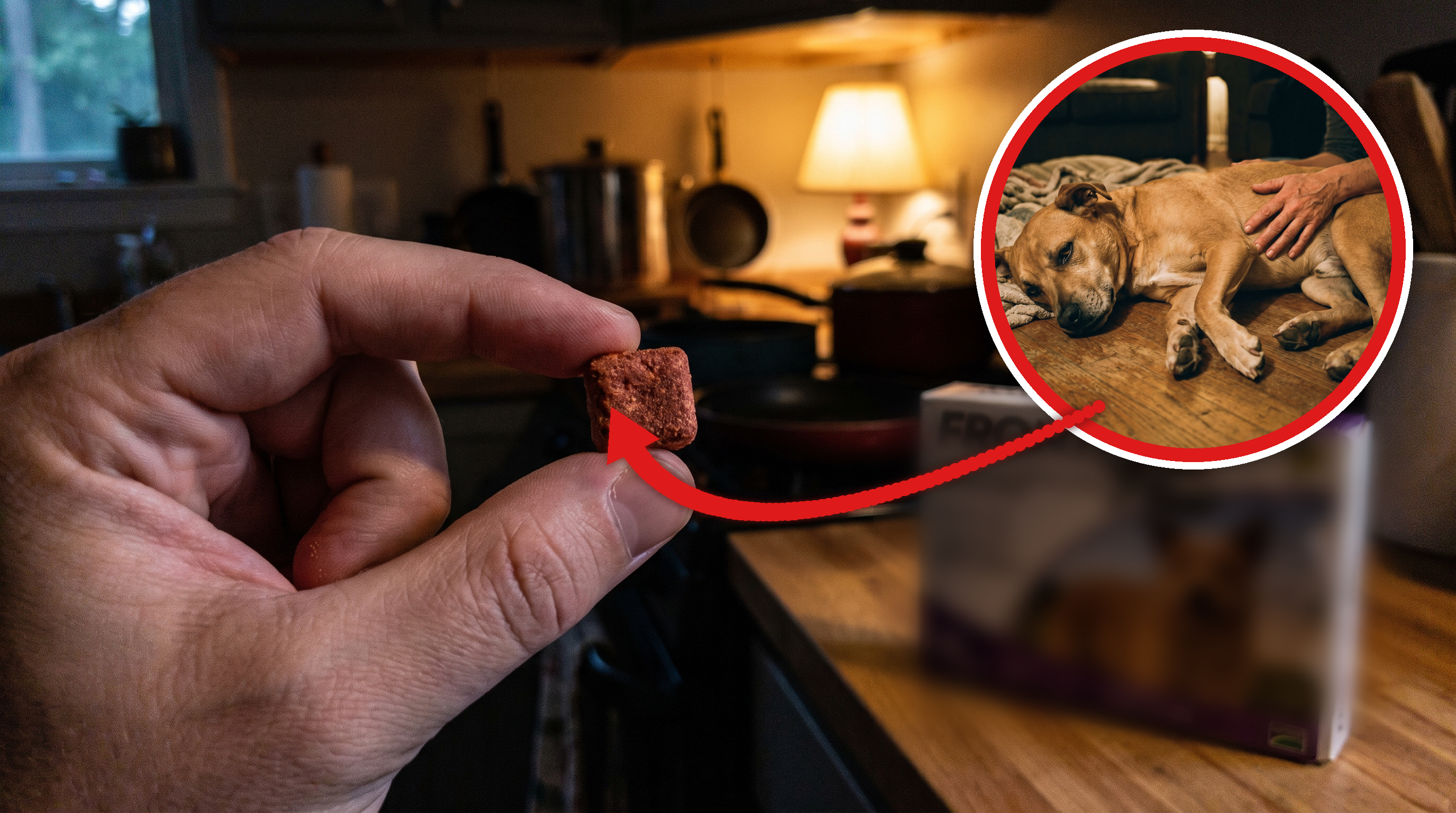 A flea & tick chewable held in one hand — and in the circle, the dog that just had a seizure