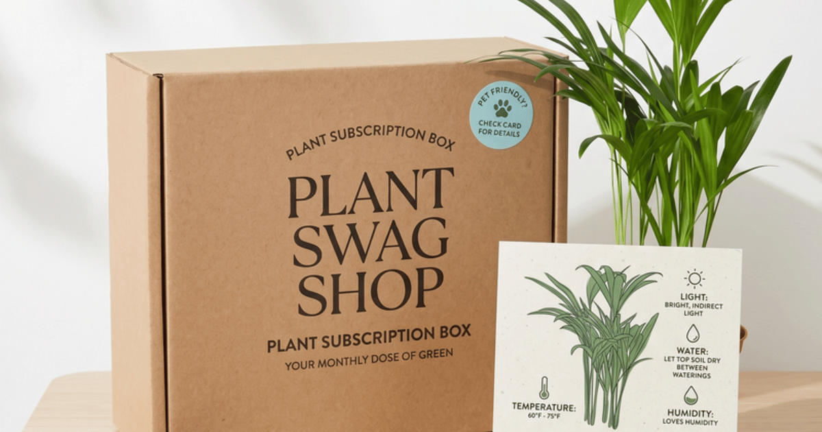 A kraft plant subscription box on a table beside a healthy palm and a printed plant care card