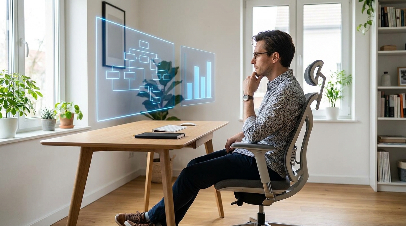 Creative professional benchmarking AI models by comparing a simple benchmark chart with a complex workflow diagram.