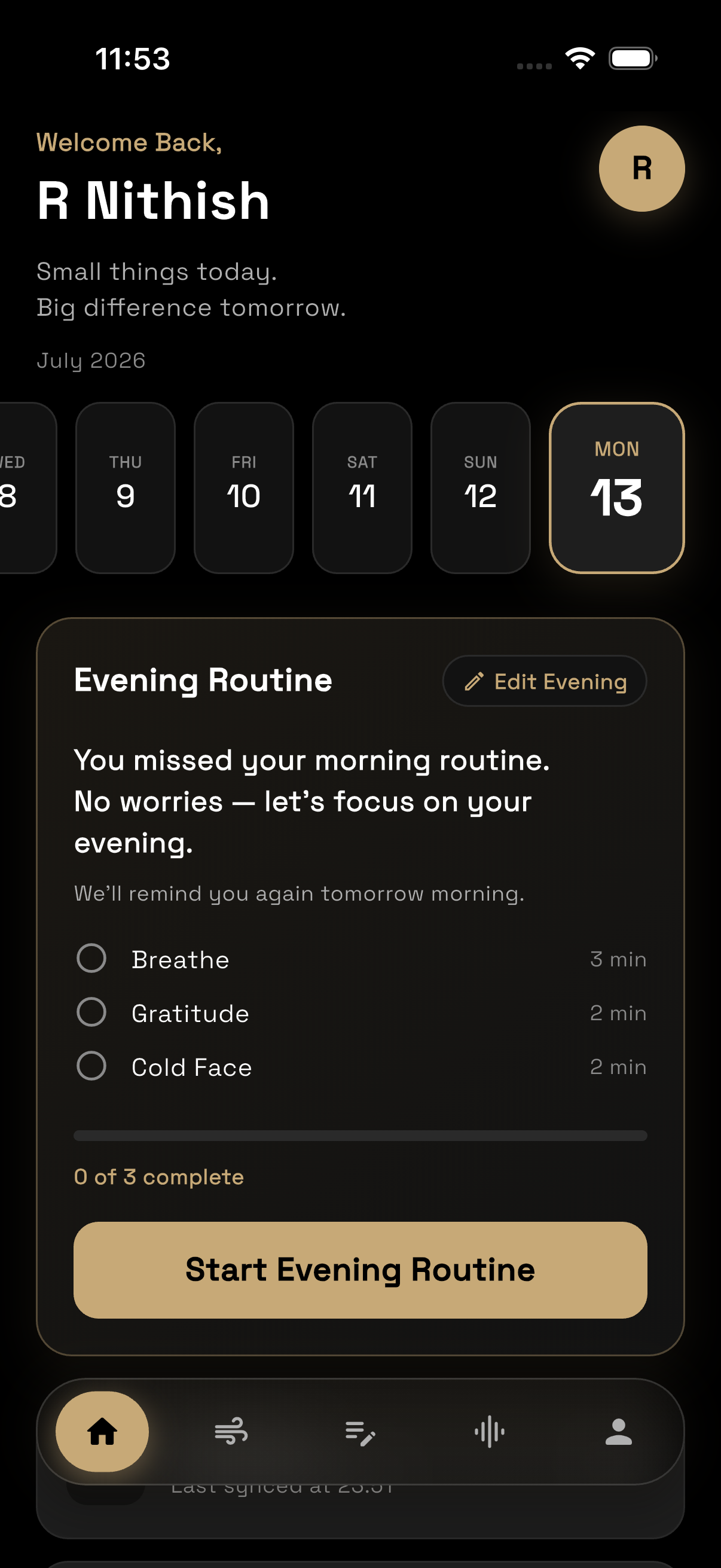 Notwell home screen with evening routine