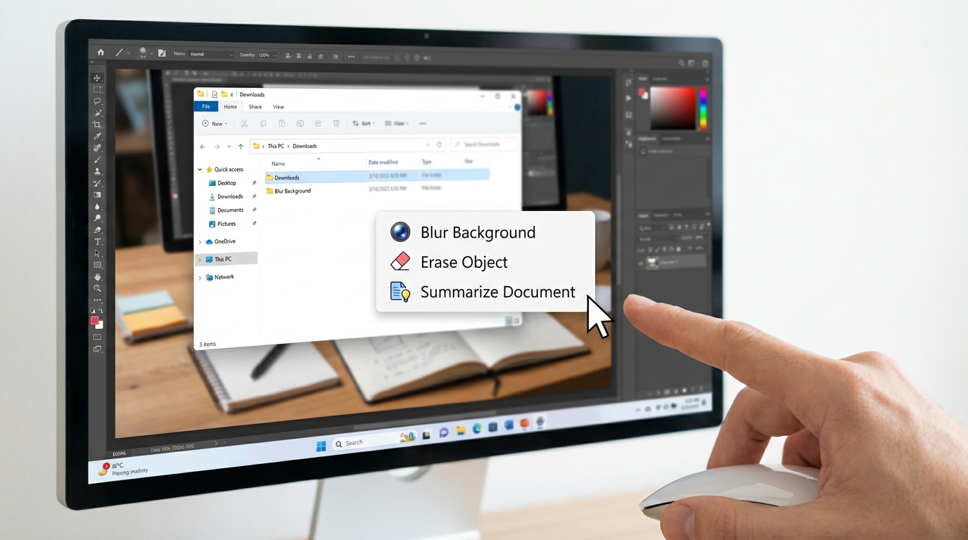 Screenshot of Windows File Explorer context menu with AI actions for image editing and document summarization, showcasing new productivity features.