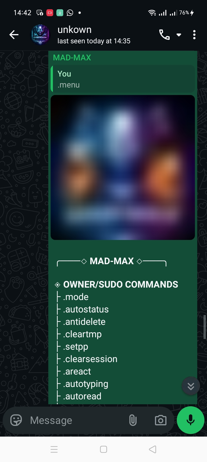 CYBERDARK menu bot info, owner, plugins count, and command categories