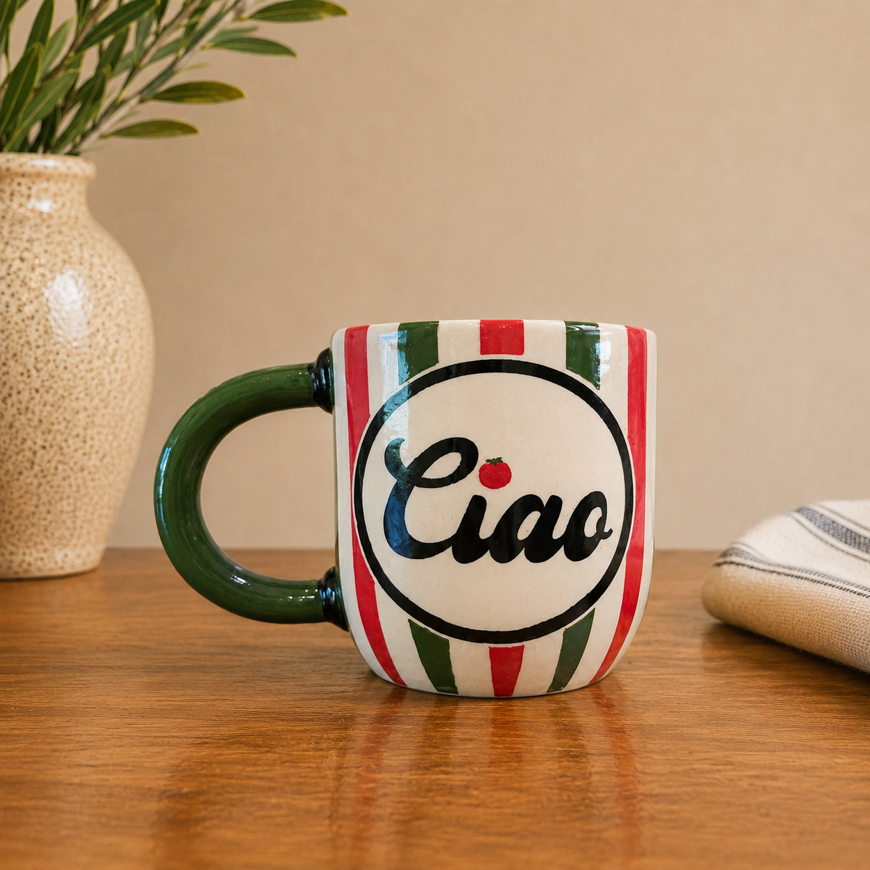Hand-built mug with hand-painted tomato details and a cheerful ciao.