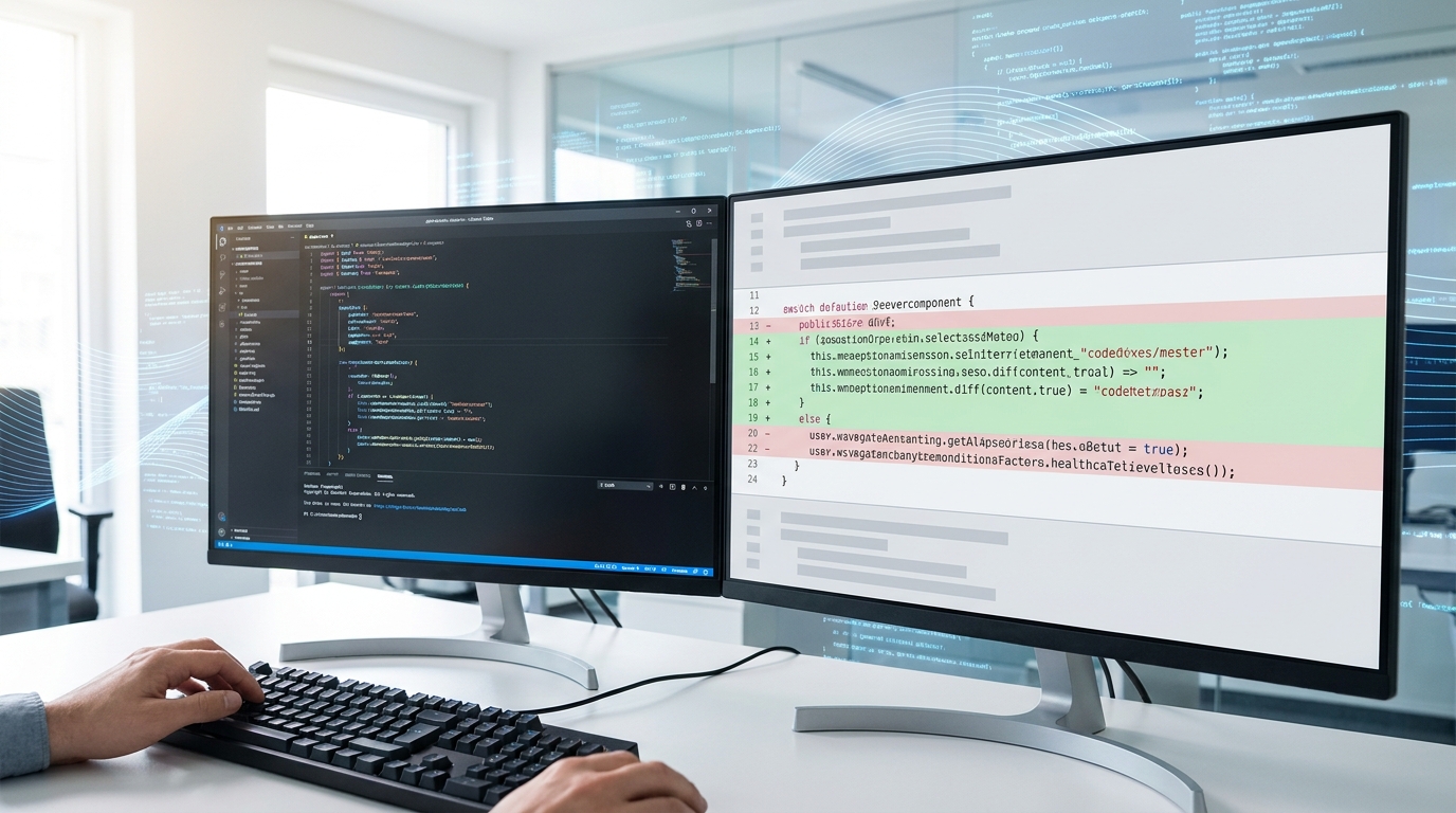 A split screen showing a developer's code editor and a virtualized UI performance code diff viewer, emphasizing smooth scrolling and efficient rendering.