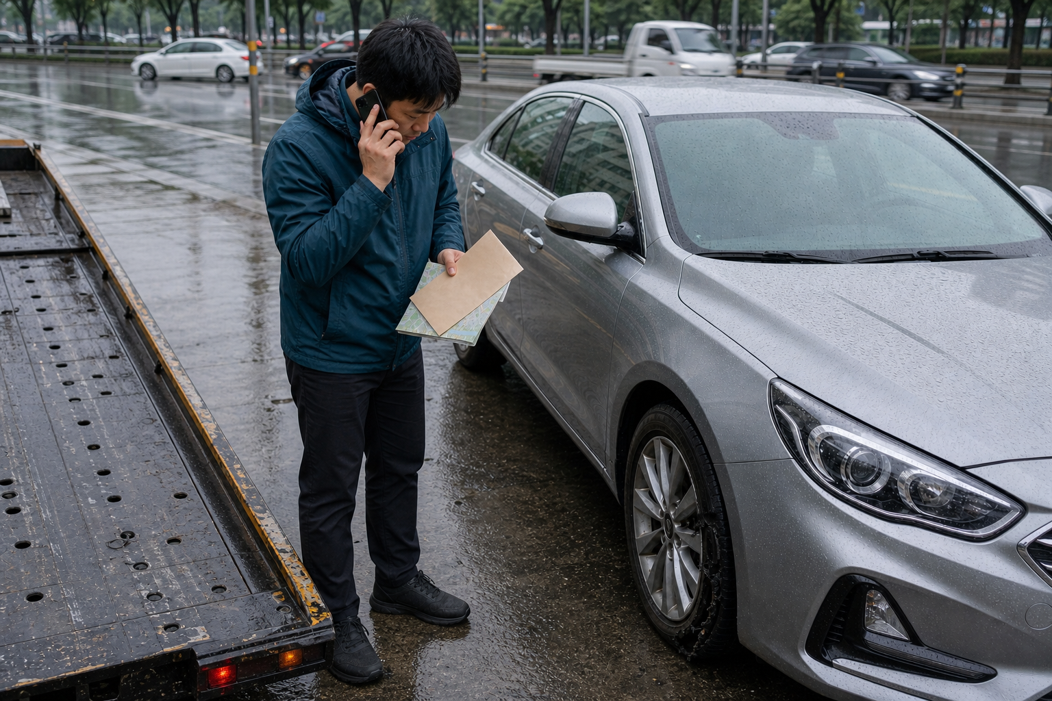 타이어 수리 전 보험회사에 계약 조건과 필요서류를 문의하는 운전자