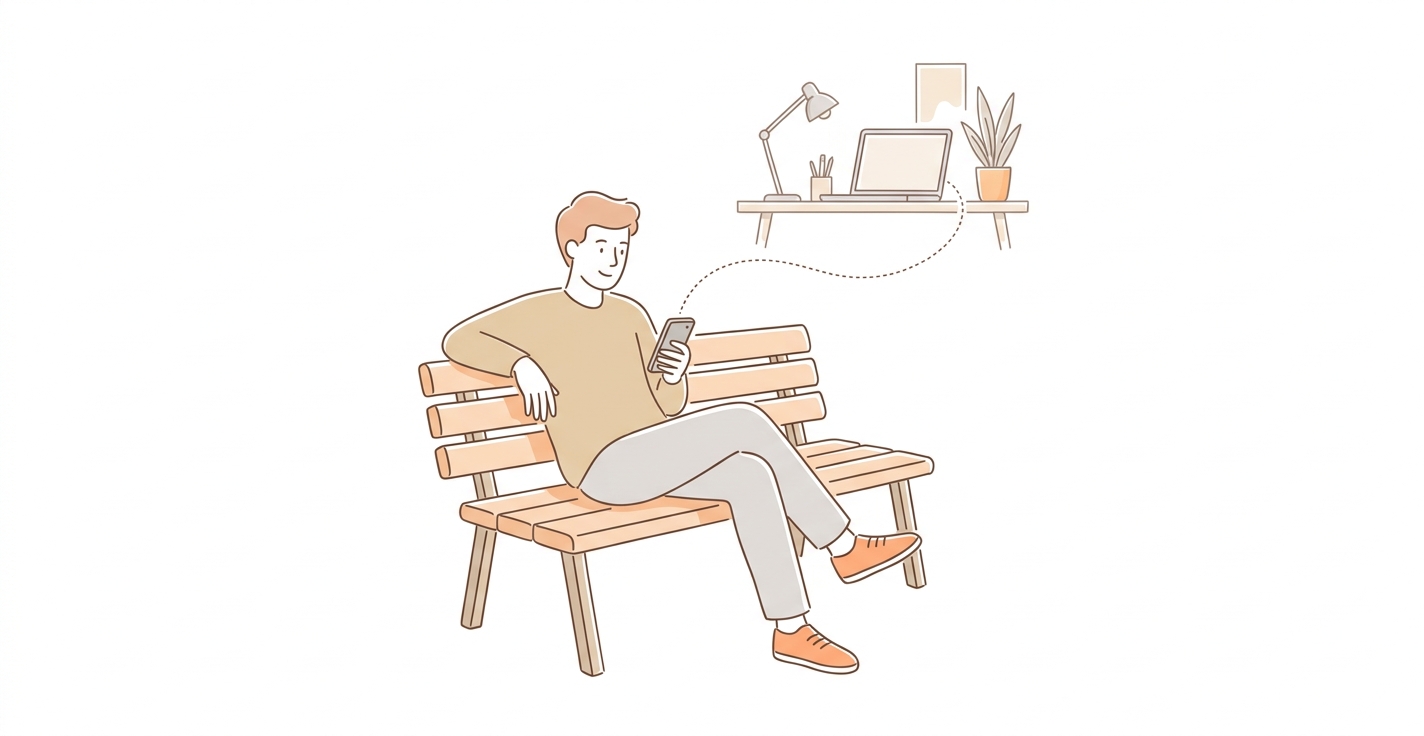 Person sitting on a park bench texting their phone, connected by a dotted line to a laptop on a desk, illustrating remote desktop management via iMessage