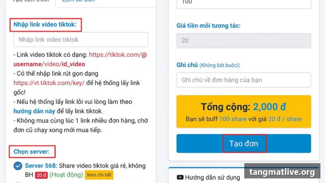 Dịch vụ tăng share Tiktok tại Tangmatlive.org