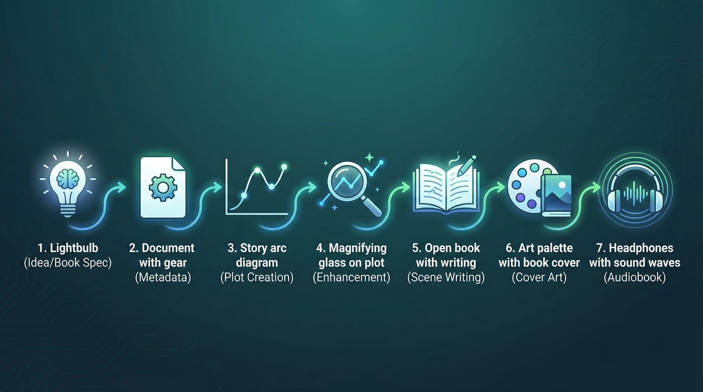 NovelHive’s 7-stage pipeline takes you from concept to finished book