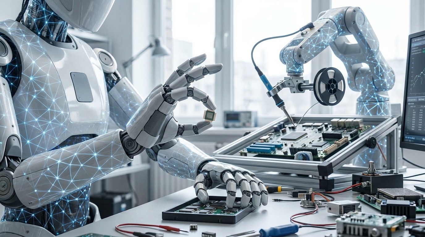 Apptronik Apollo 2 robot demonstrating fine dexterity with Gemini Robotics 2, picking up a small electronic component.