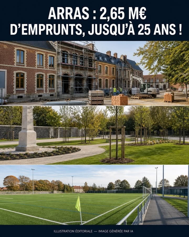 Bâtiment en rénovation avec échafaudage, parc arboré avec monument et terrain de sport en herbe.