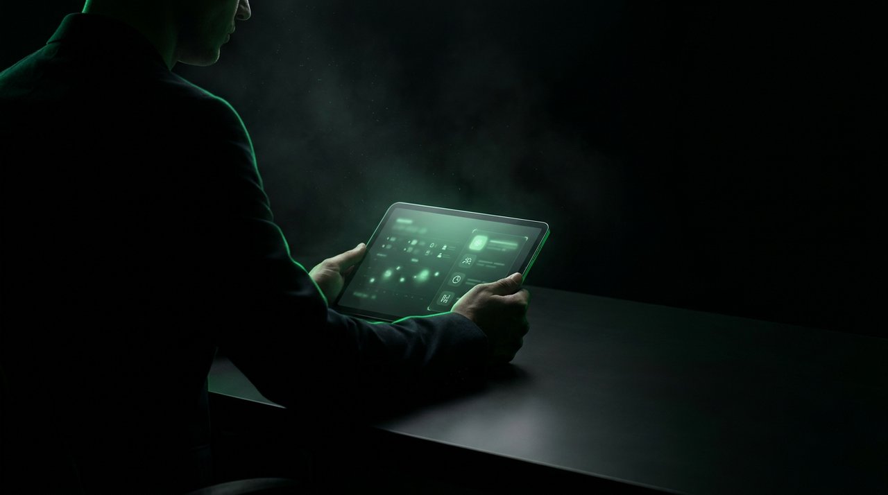 Small-business owner reviewing a glowing green AI operations dashboard on a tablet