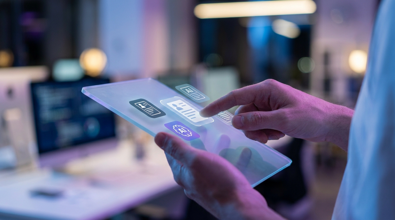 Person's hand selecting an AI resume builder app on a transparent tablet, representing choice and ease of use.