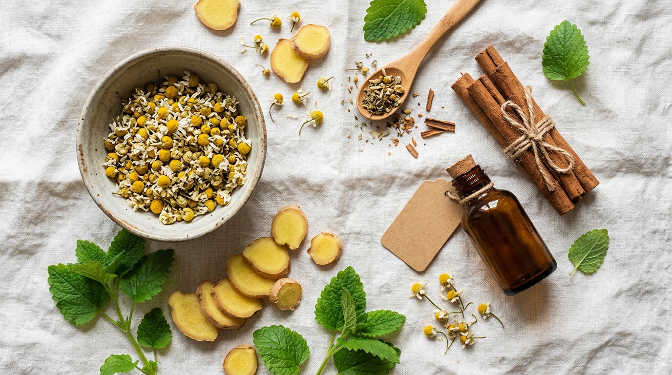 Herbal Knee Patches for Natural Joint Relief Natural medicinal herbs and botanicals flat lay with dried chamomile, ginger root slices and cinnamon sticks on white linen