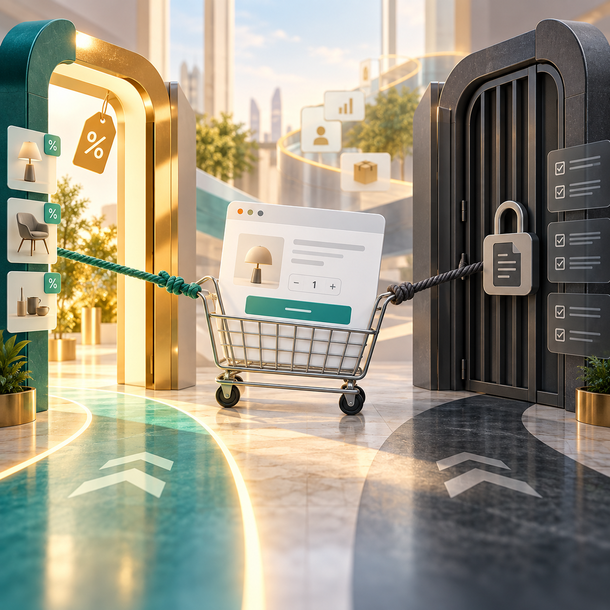 Editorial illustration: shopping agent blocked at the platform gate