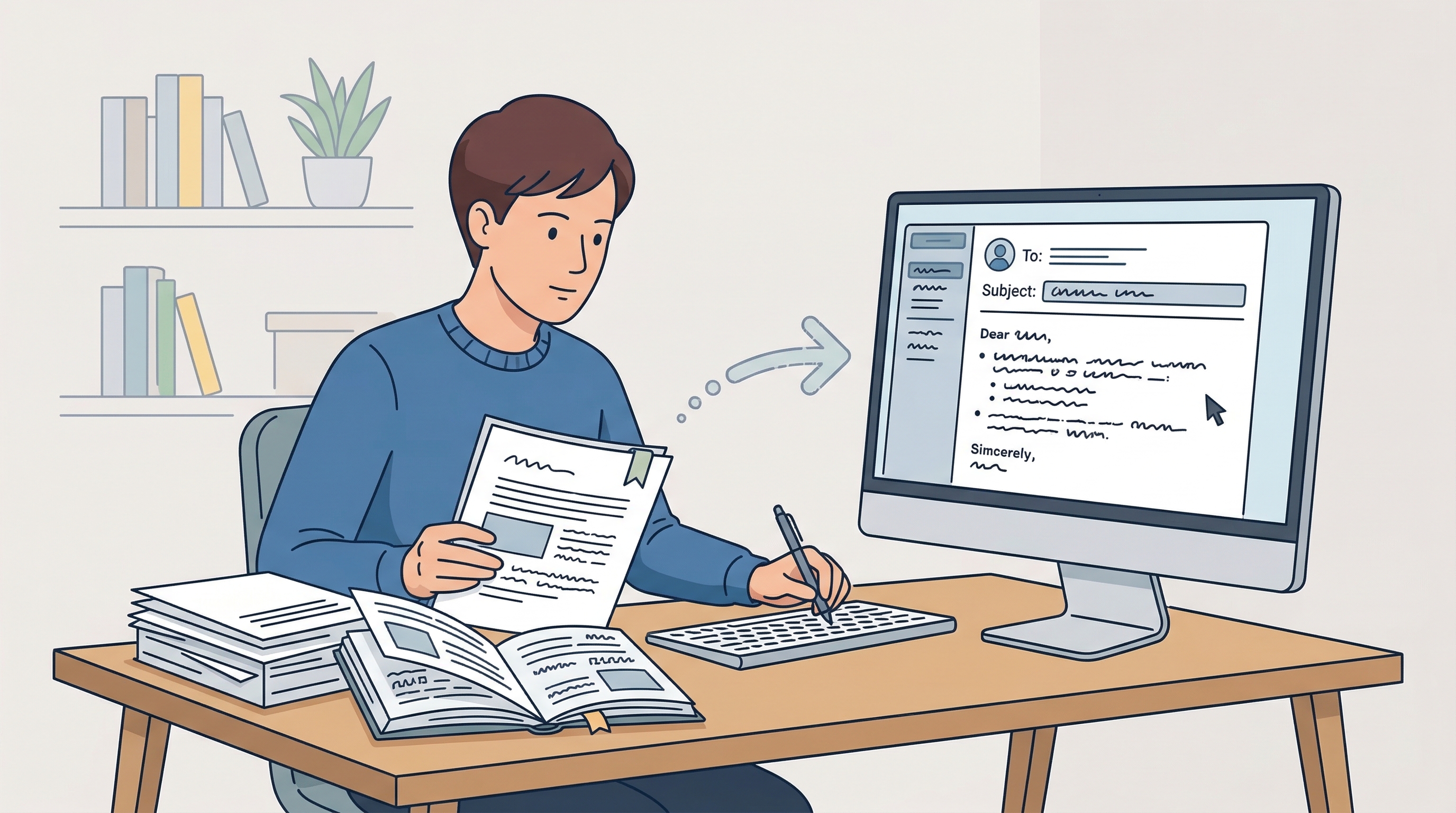 根据现有材料生成邮件或总结初稿的办公场景插图
