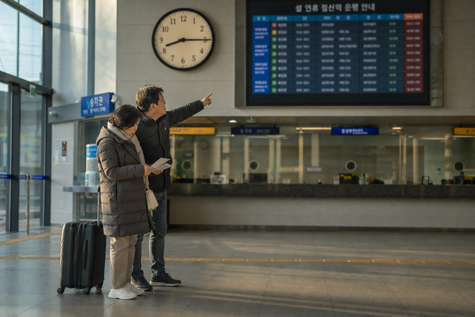 KTX 승차권의 요일과 출발시각, 특별수송 공지를 확인하는 부부